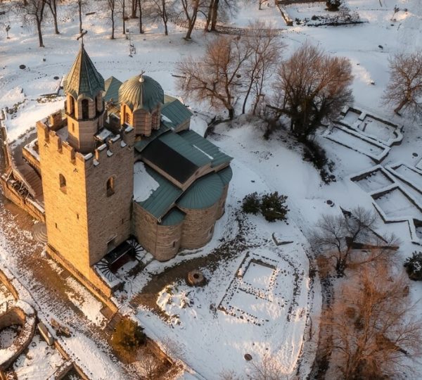 aerial view over Tsaravets Fortress in winter