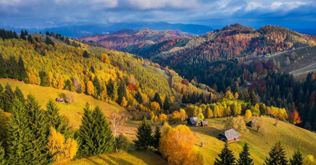 Autumn view over countryside hills in Romania